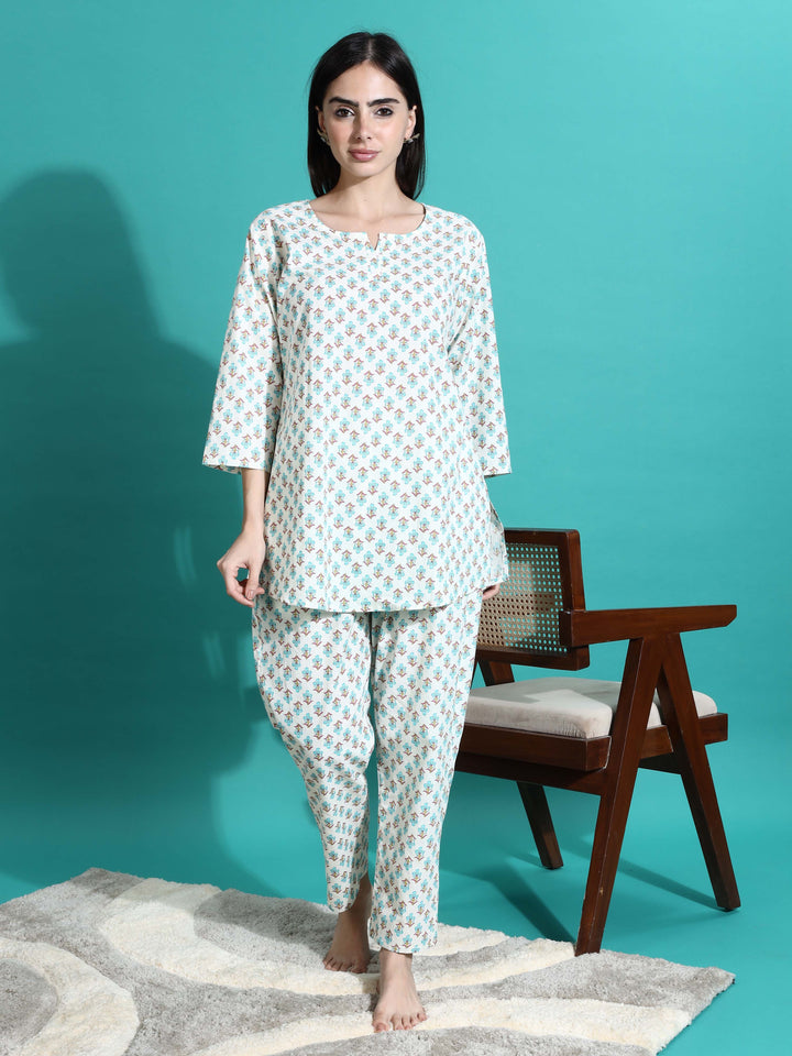 White Blue Pure Cotton Pyjama Set for Women Comfortable Nightwear