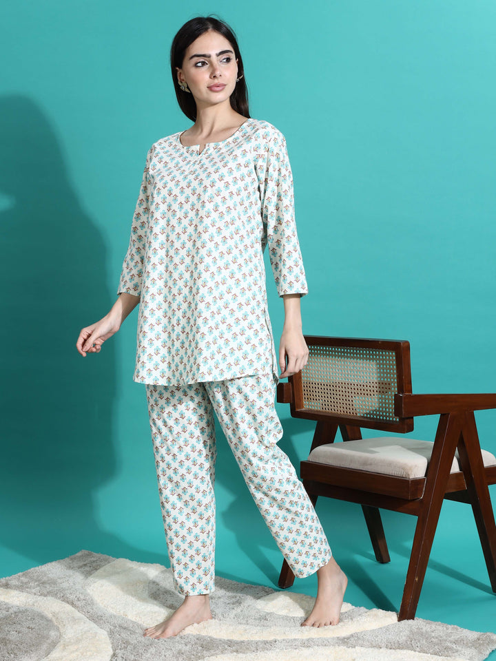 White Blue Pure Cotton Pyjama Set for Women Comfortable Nightwear