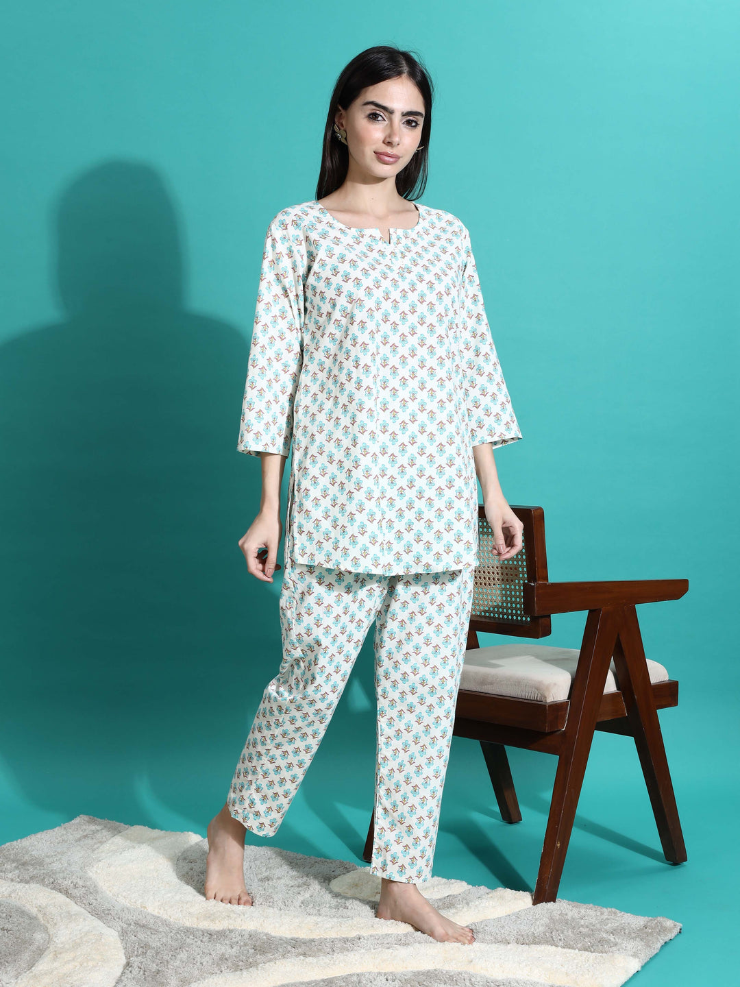 White Blue Pure Cotton Pyjama Set for Women Comfortable Nightwear