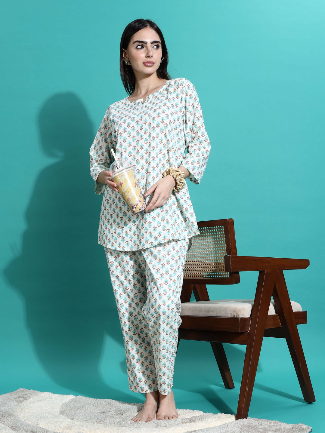 White Blue Pure Cotton Pyjama Set for Women Comfortable Nightwear