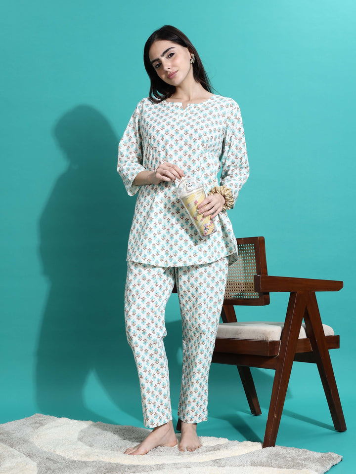 White Blue Pure Cotton Pyjama Set for Women Comfortable Nightwear