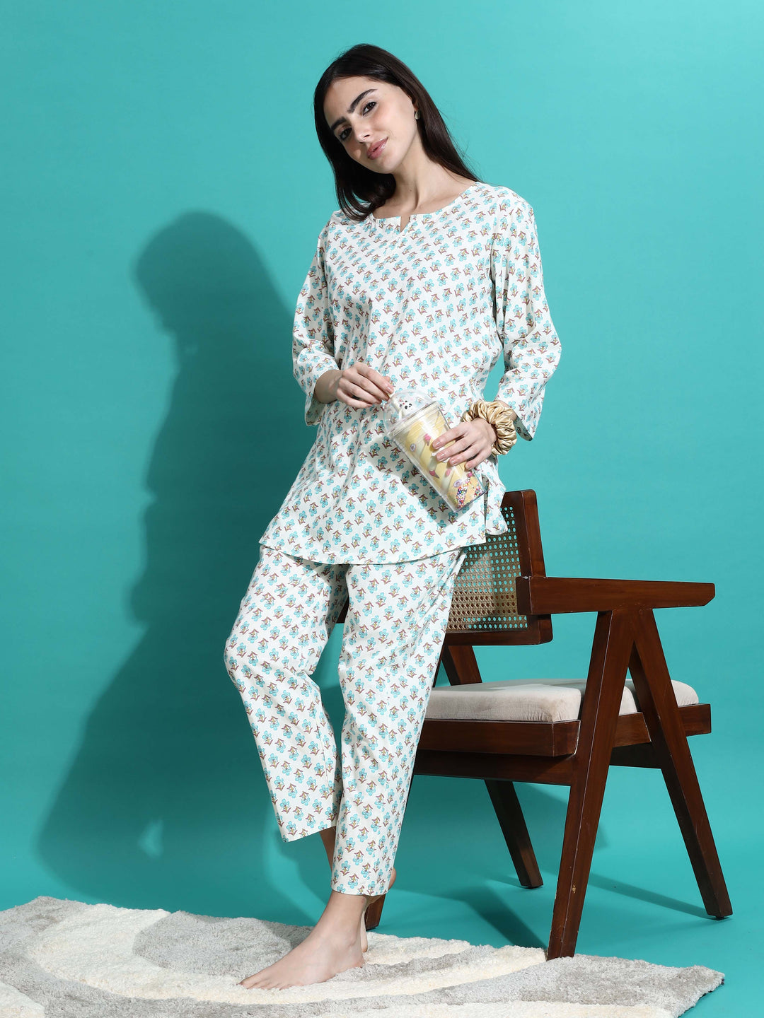 White Blue Pure Cotton Pyjama Set for Women Comfortable Nightwear