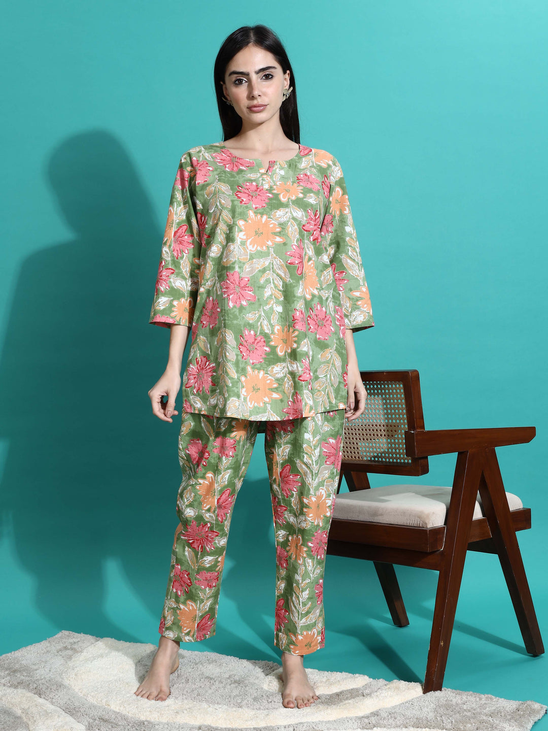 Green Orange Cotton Pajama Set for Women Where Comfort Meets Elegance