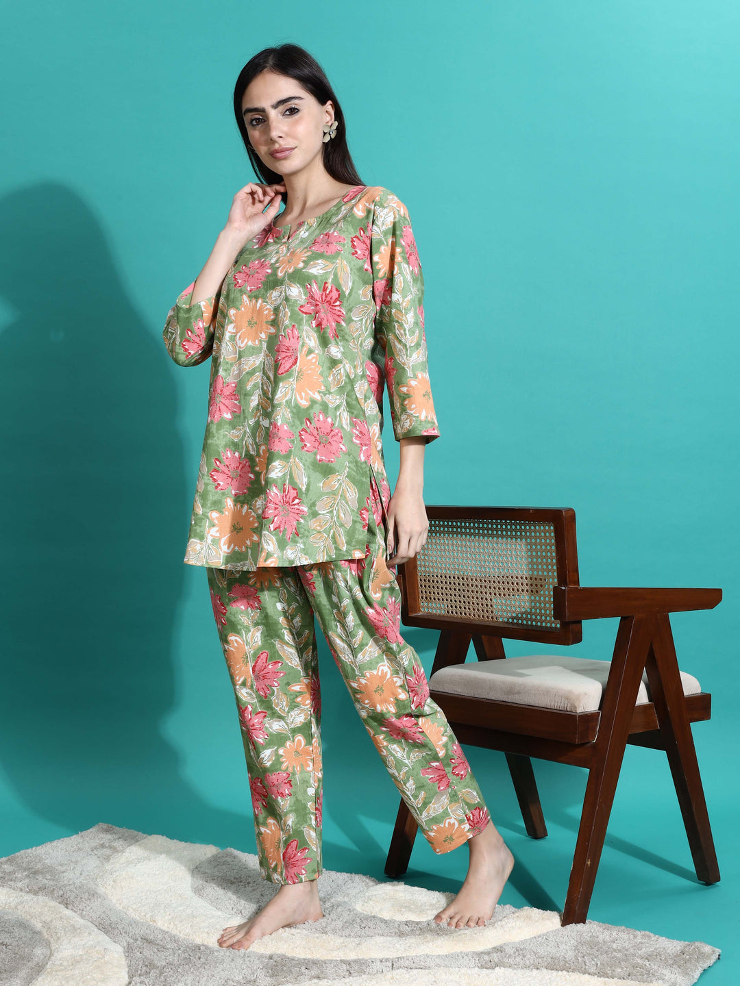 Green Orange Cotton Pajama Set for Women Where Comfort Meets Elegance