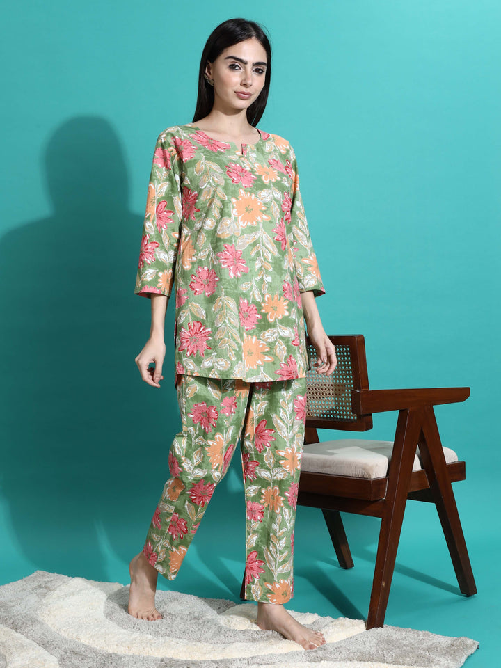 Green Orange Cotton Pajama Set for Women Where Comfort Meets Elegance