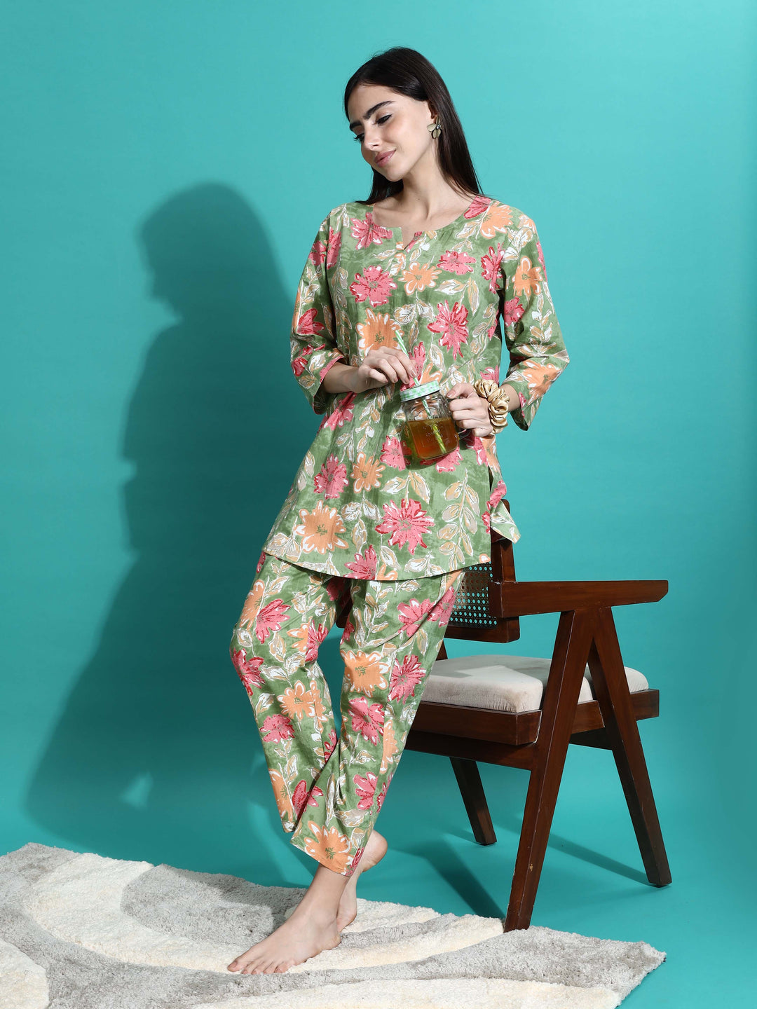 Green Orange Cotton Pajama Set for Women Where Comfort Meets Elegance