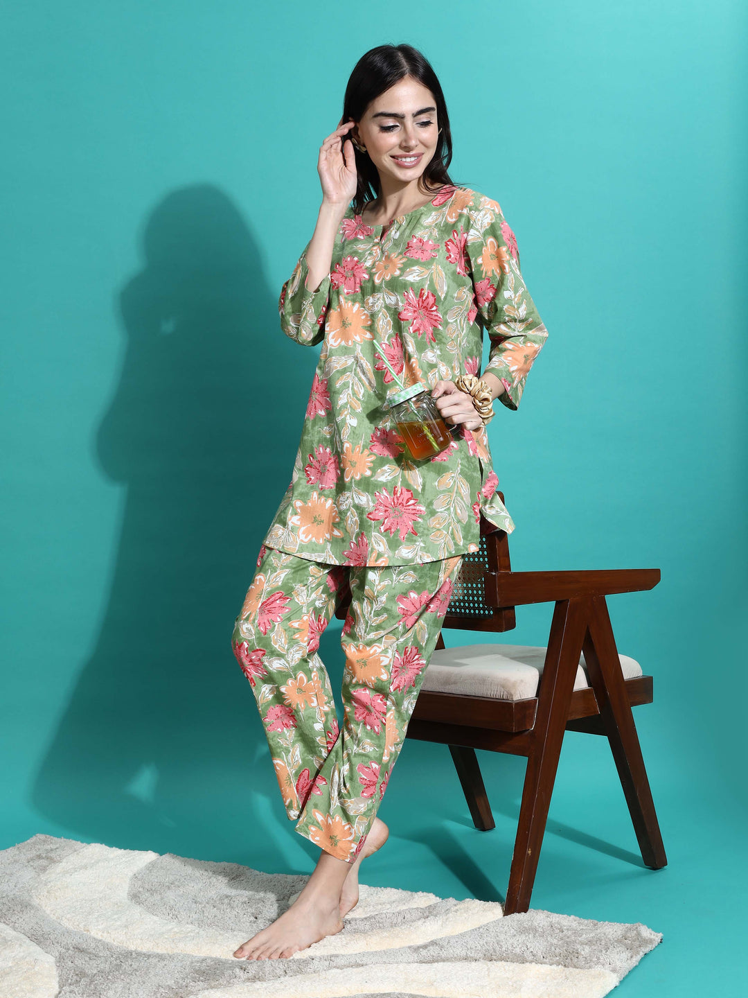 Green Orange Cotton Pajama Set for Women Where Comfort Meets Elegance