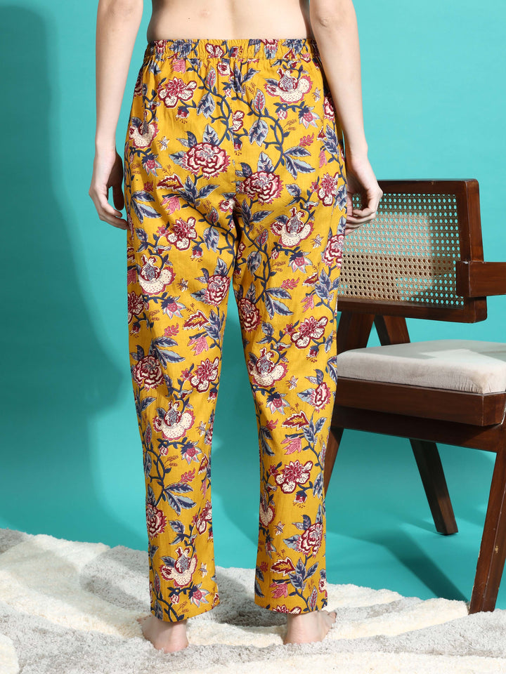 Mustard Yellow Floral Cotton Pyjama Set for Women