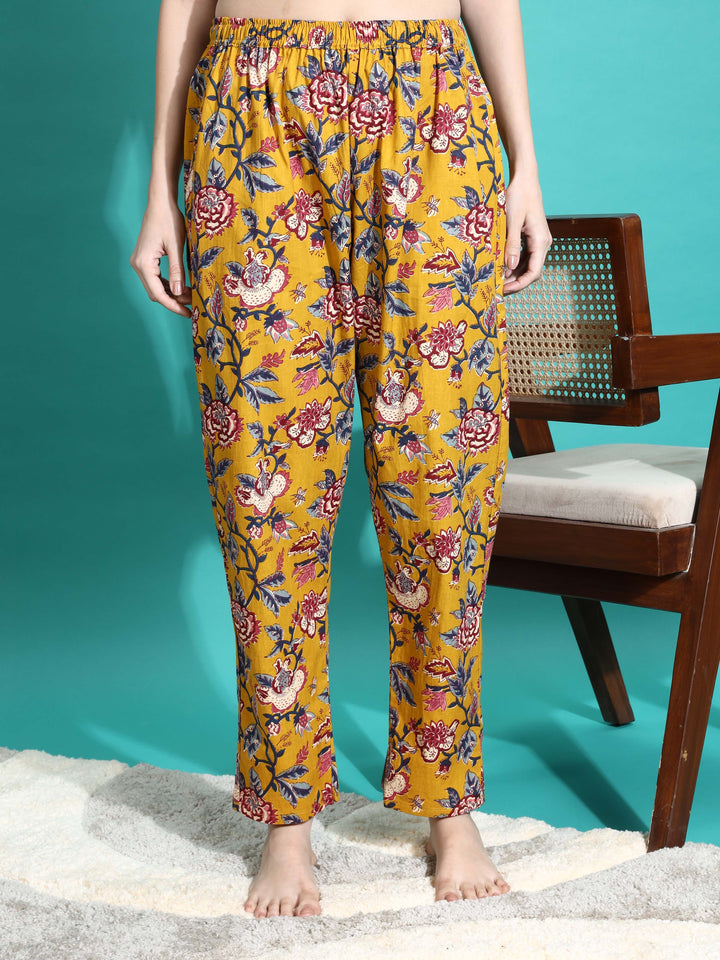 Mustard Yellow Floral Cotton Pyjama Set for Women