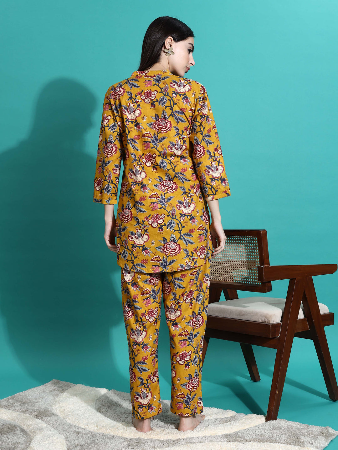 Mustard Yellow Floral Cotton Pyjama Set for Women