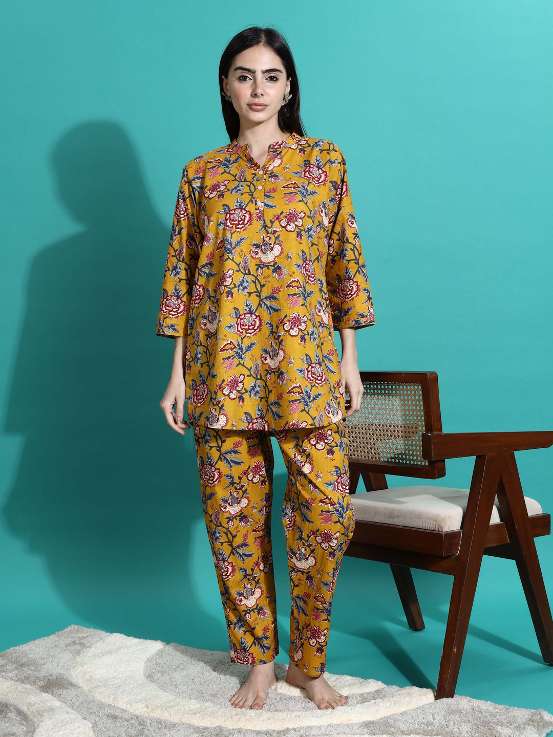 Mustard Yellow Floral Cotton Pyjama Set for Women