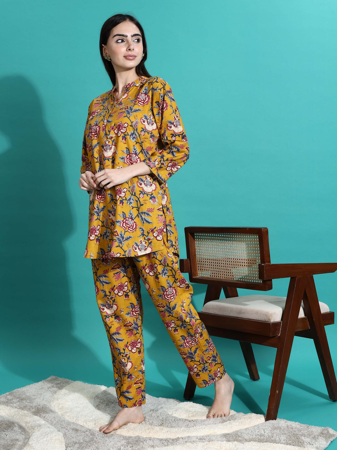 Mustard Yellow Floral Cotton Pyjama Set for Women