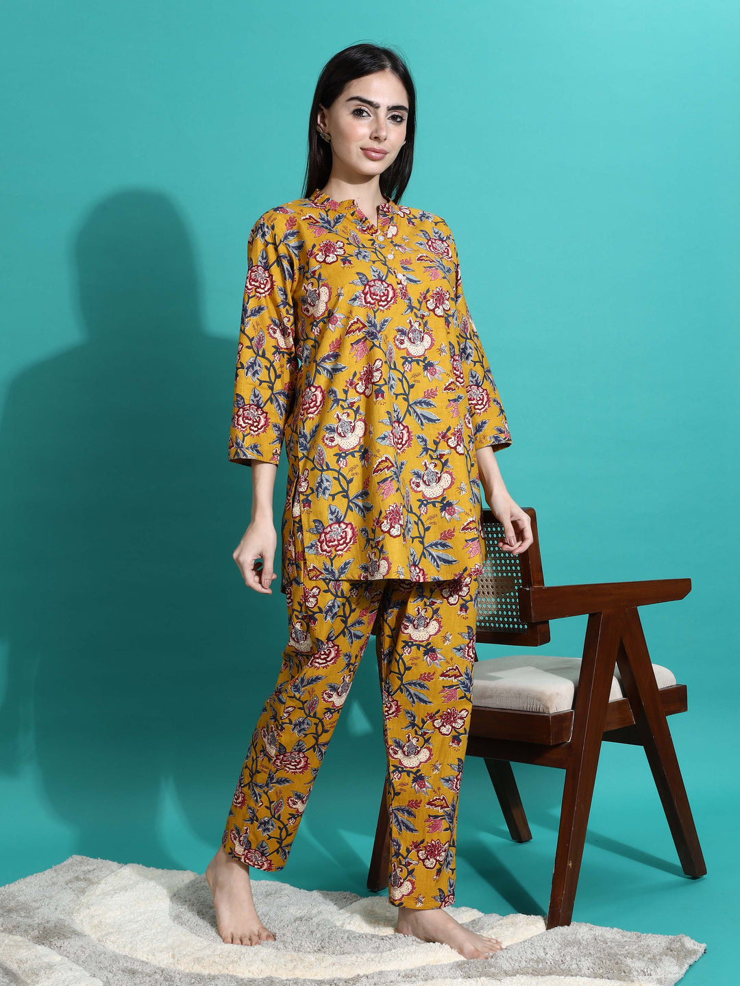 Mustard Yellow Floral Cotton Pyjama Set for Women