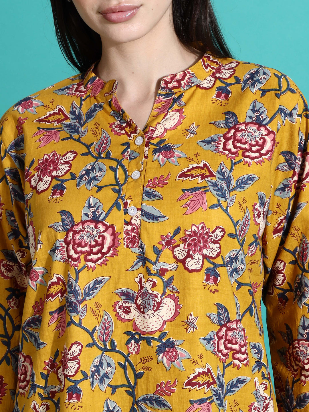 Mustard Yellow Floral Cotton Pyjama Set for Women