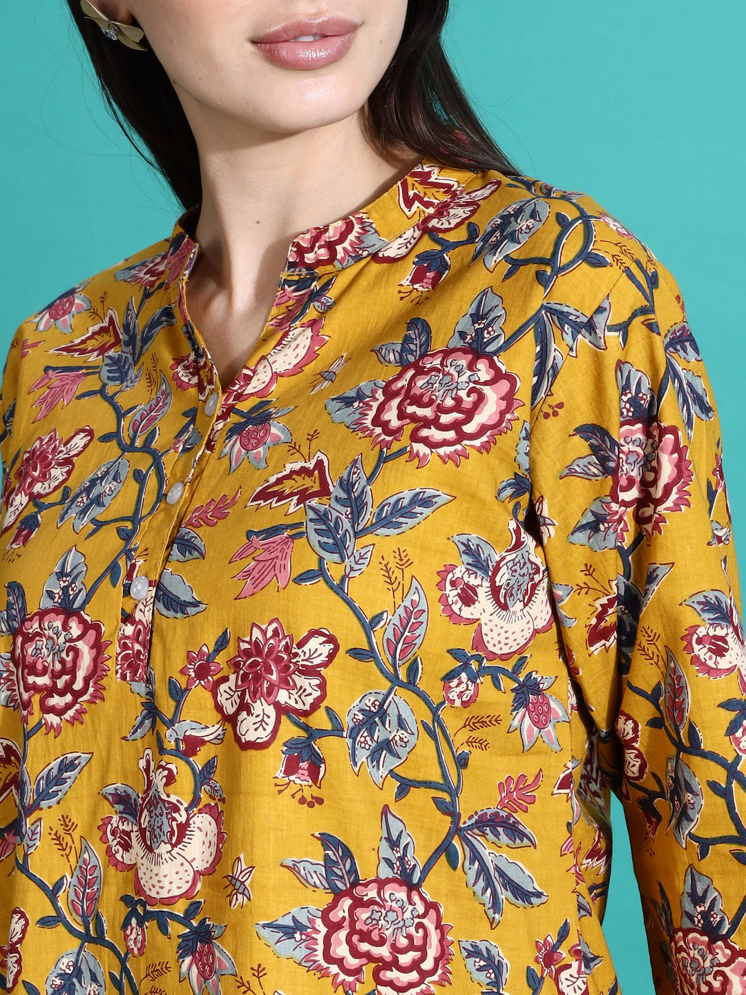 Mustard Yellow Floral Cotton Pyjama Set for Women