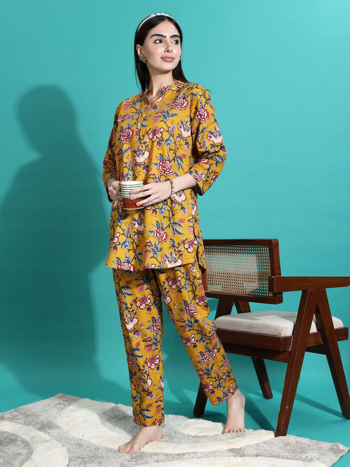 Mustard Yellow Floral Cotton Pyjama Set for Women