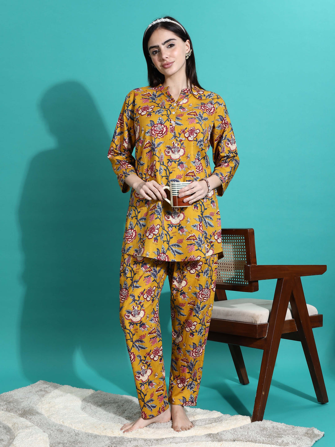 Mustard Yellow Floral Cotton Pyjama Set for Women