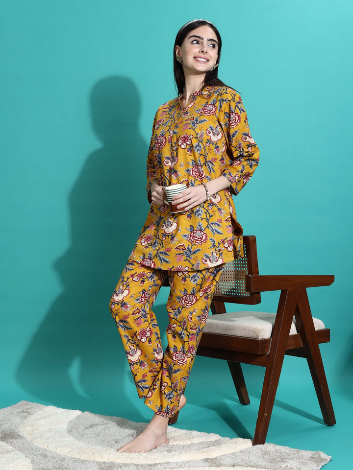 Mustard Yellow Floral Cotton Pyjama Set for Women