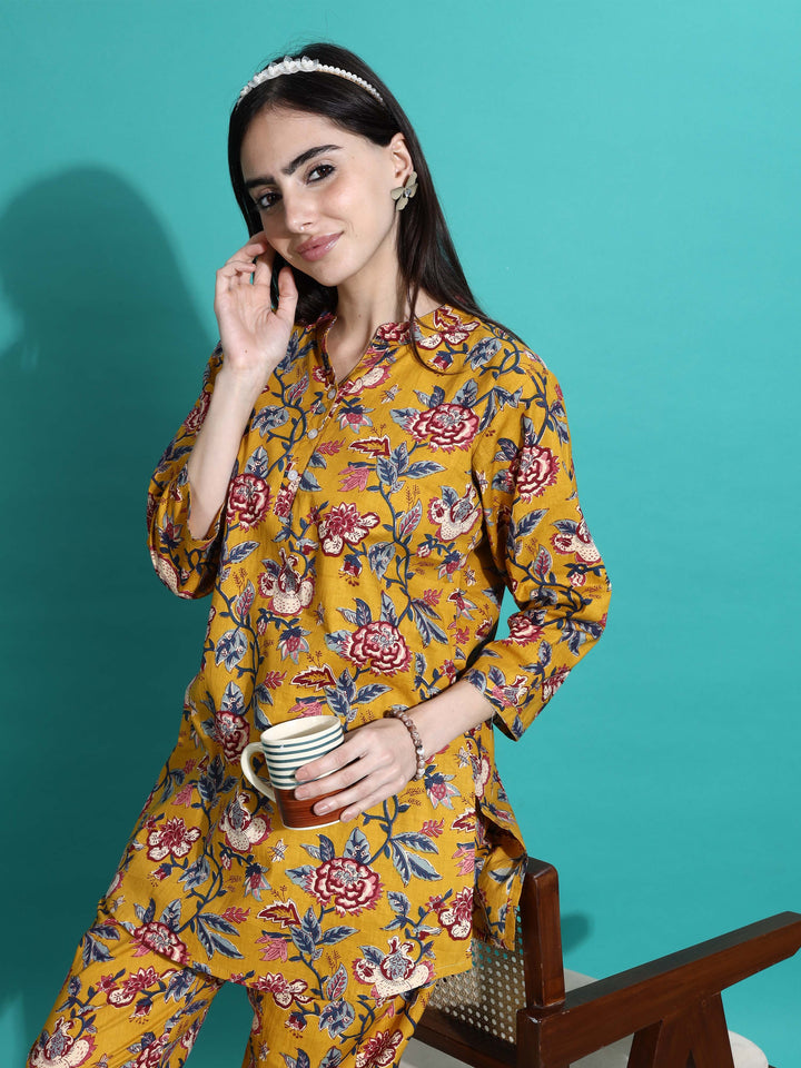 Mustard Yellow Floral Cotton Pyjama Set for Women