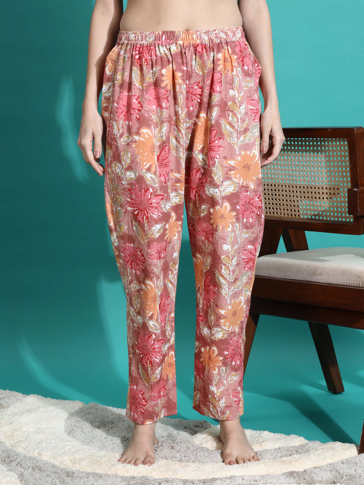 Chic Pink Orange Floral Cotton Women's Pajama Set