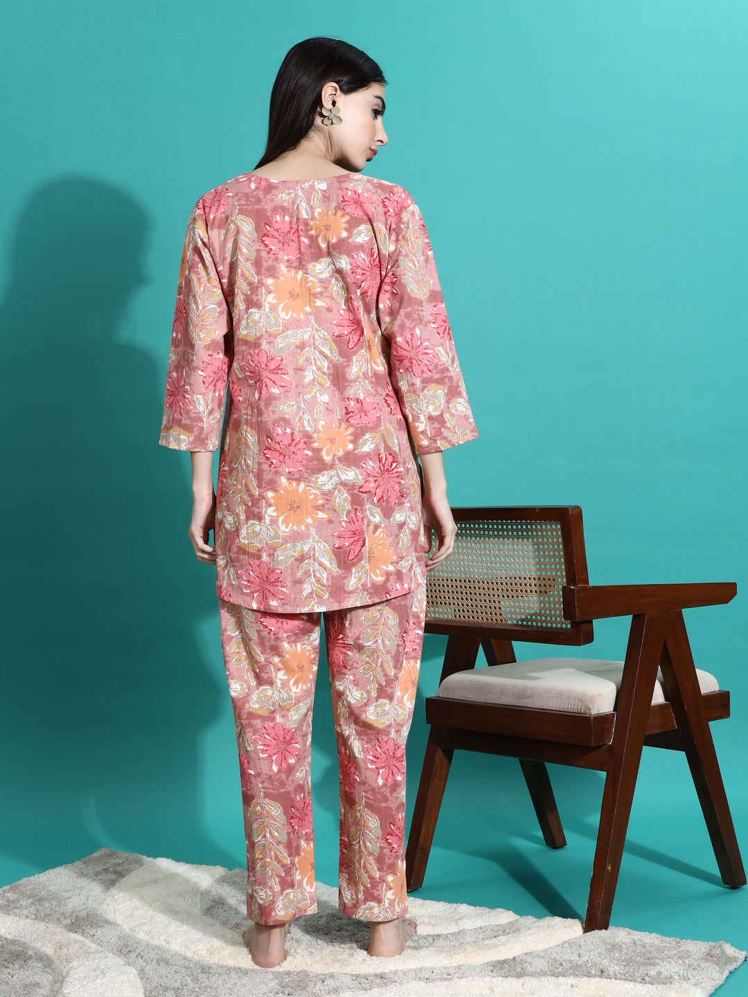 Chic Pink Orange Floral Cotton Women's Pajama Set