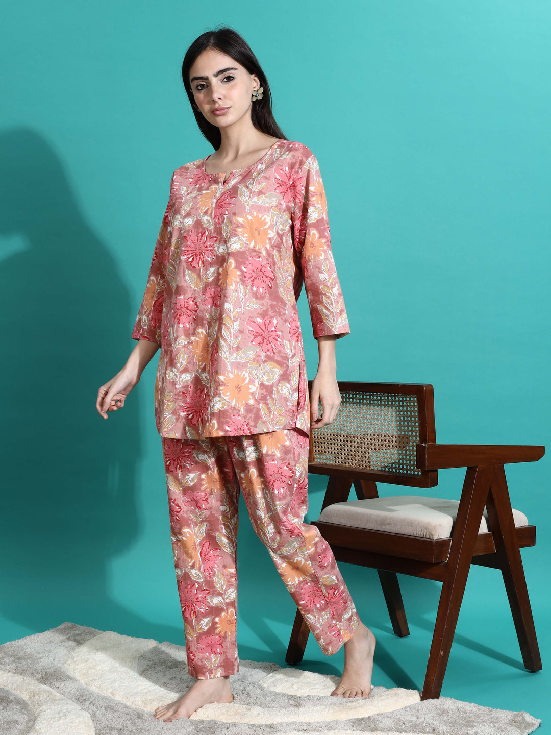 Chic Pink Orange Floral Cotton Women's Pajama Set