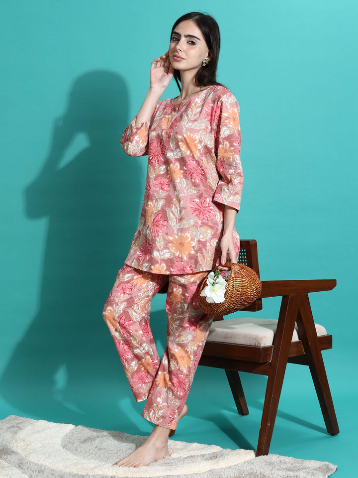 Chic Pink Orange Floral Cotton Women's Pajama Set