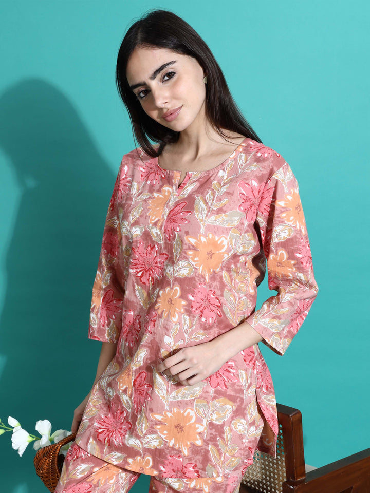 Chic Pink Orange Floral Cotton Women's Pajama Set