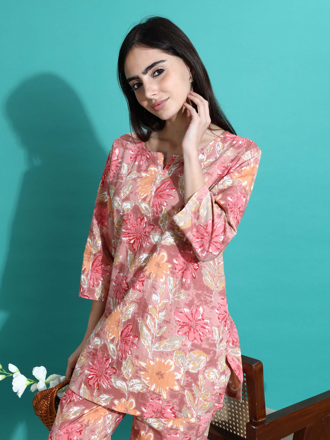 Chic Pink Orange Floral Cotton Women's Pajama Set