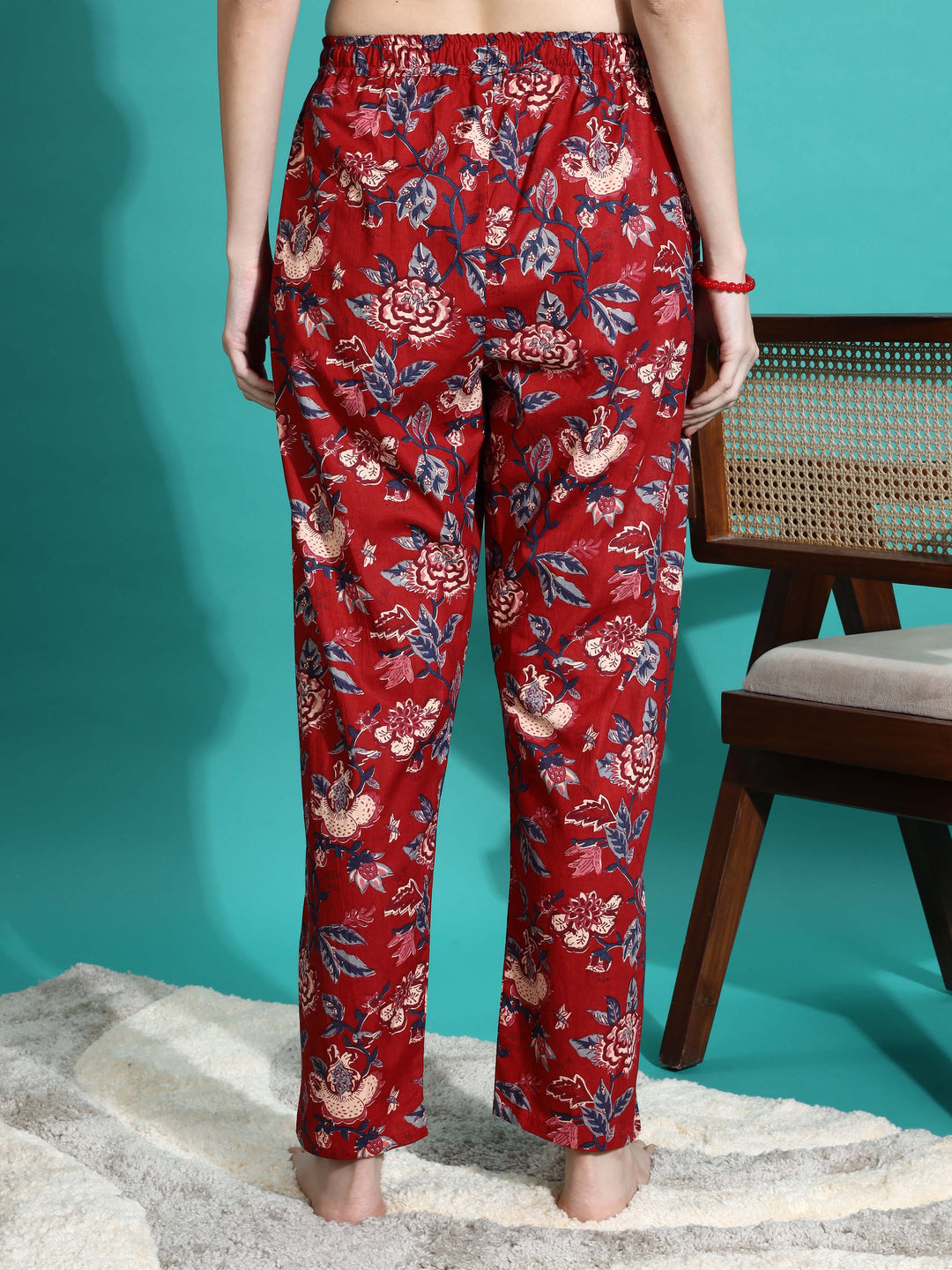 Ruby Red Cotton Floral Pyjama Set for Women