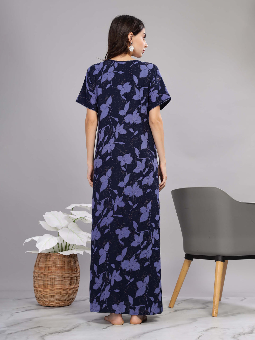 Navy Blue Smoky Designer Maxi Nighty with Pocket for Women