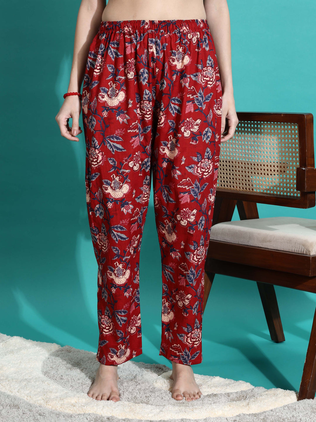 Ruby Red Cotton Floral Pyjama Set for Women