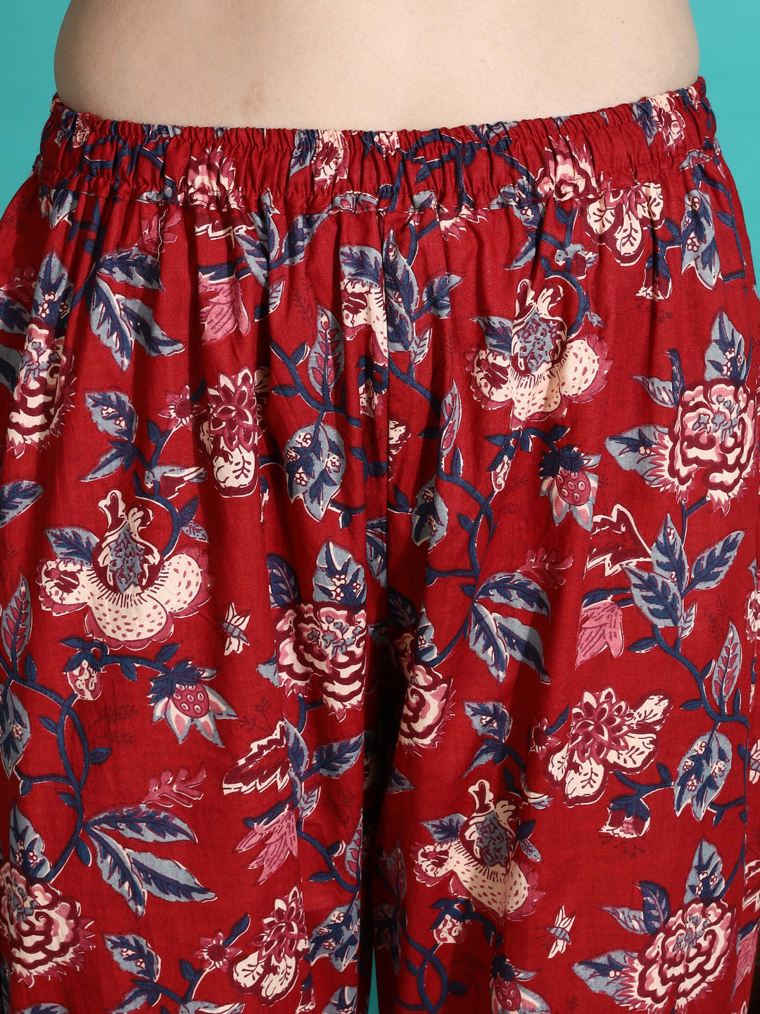 Ruby Red Cotton Floral Pyjama Set for Women