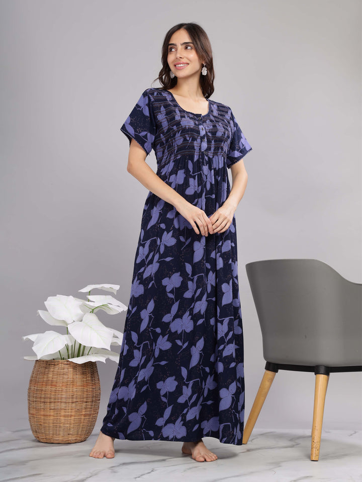 Navy Blue Smoky Designer Maxi Nighty with Pocket for Women