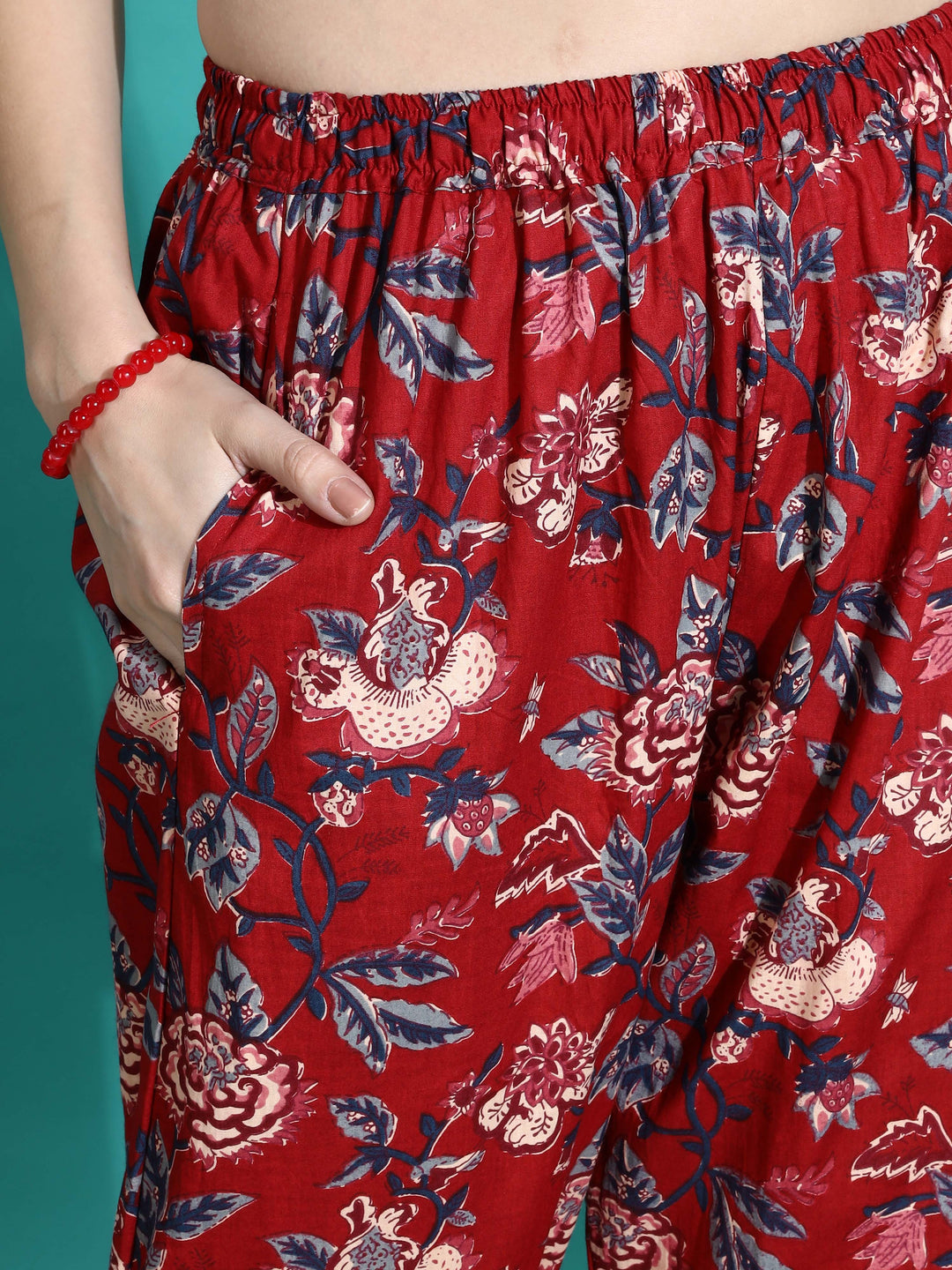 Ruby Red Cotton Floral Pyjama Set for Women