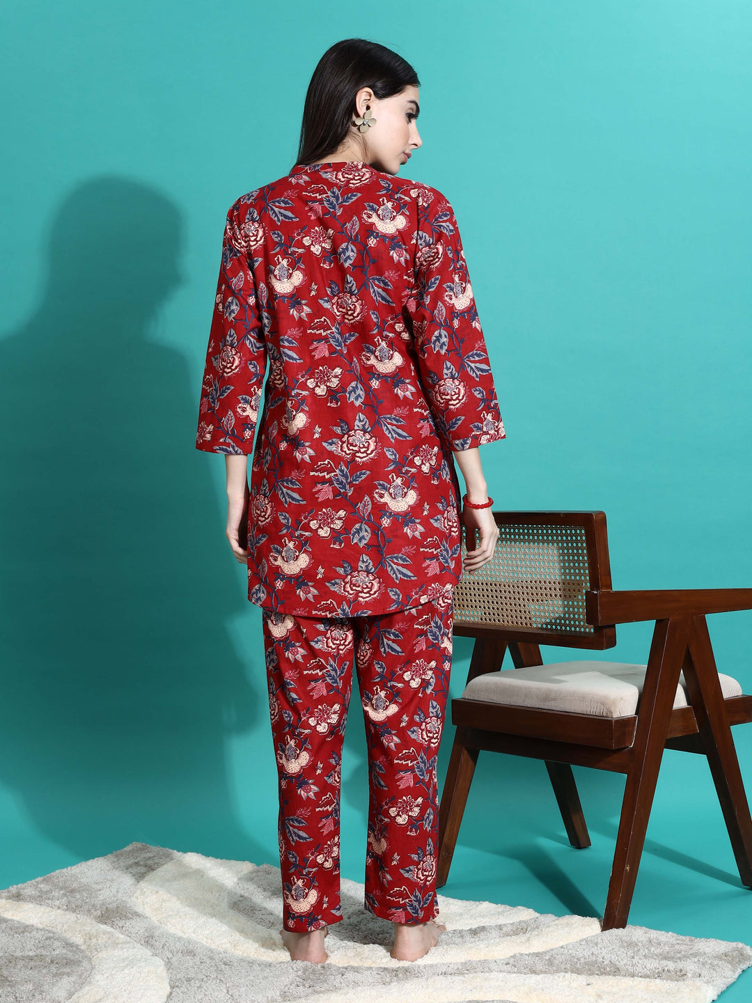 Ruby Red Cotton Floral Pyjama Set for Women