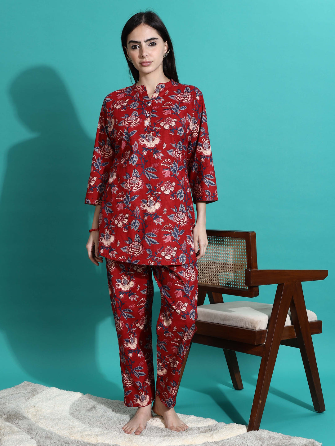 Ruby Red Cotton Floral Pyjama Set for Women