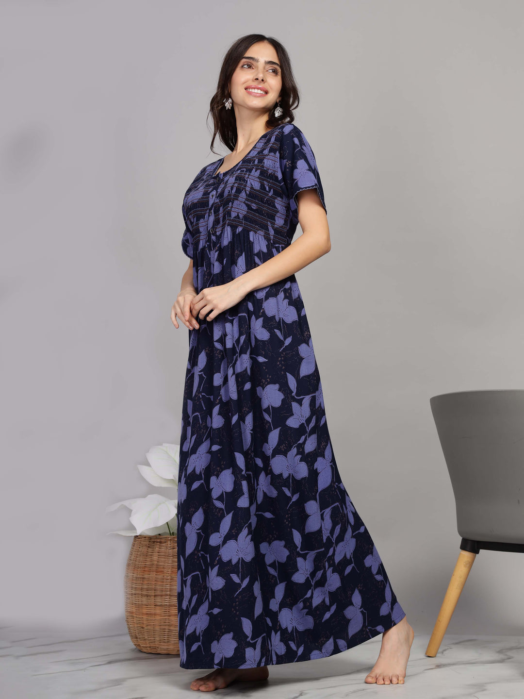 Navy Blue Smoky Designer Maxi Nighty with Pocket for Women