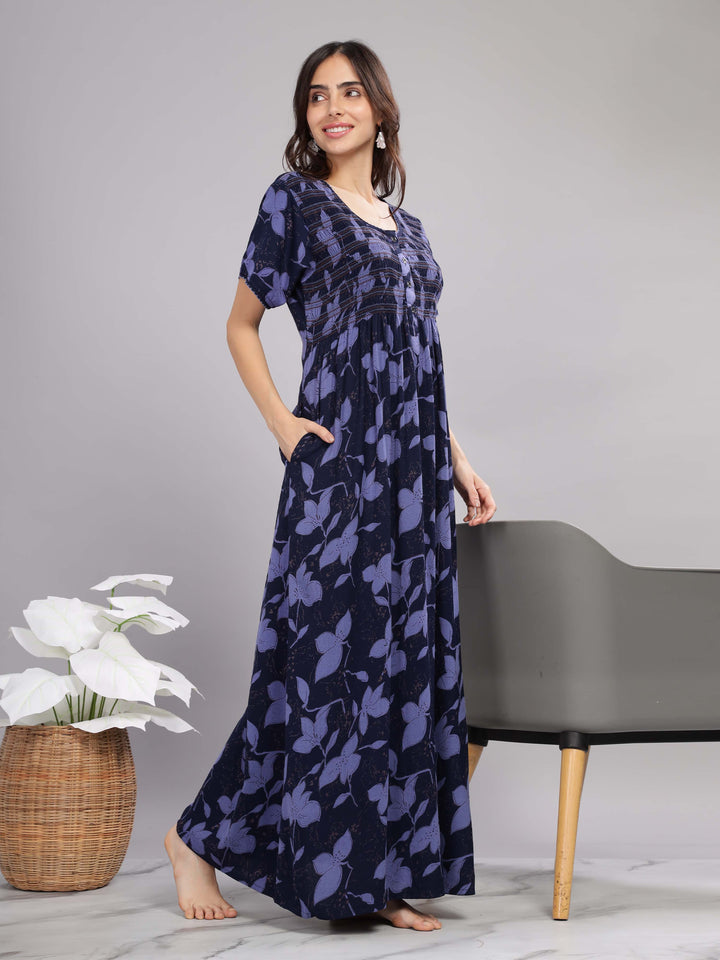 Navy Blue Smoky Designer Maxi Nighty with Pocket for Women