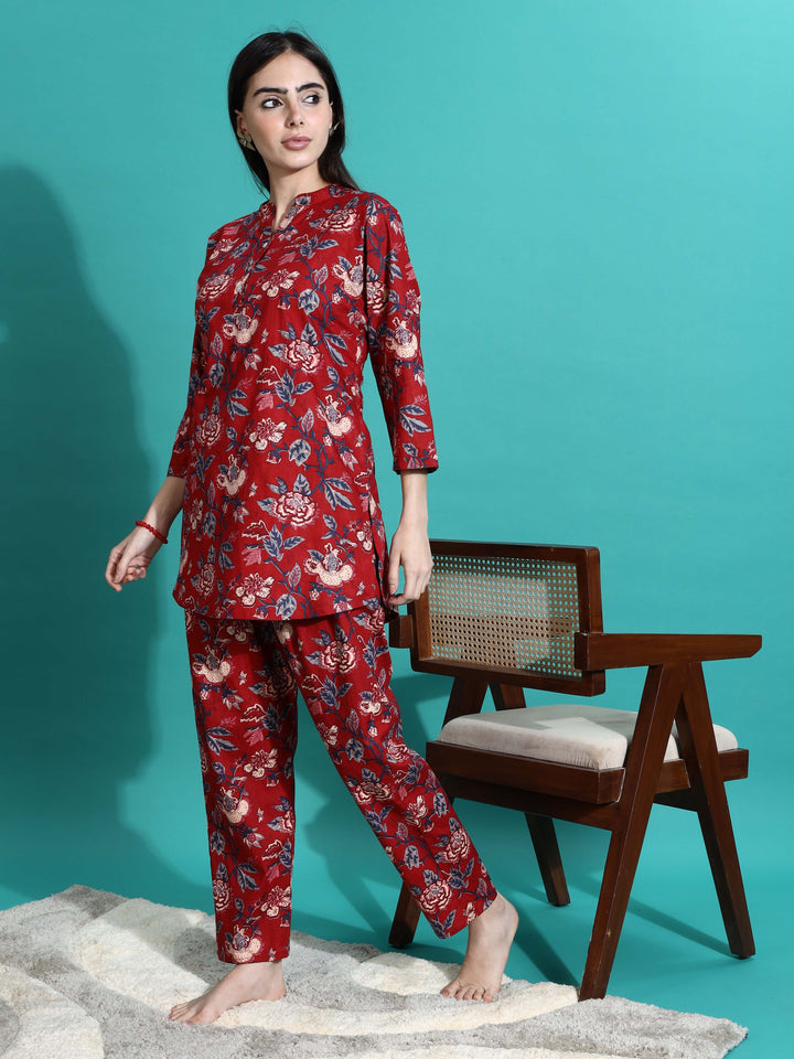 Ruby Red Cotton Floral Pyjama Set for Women