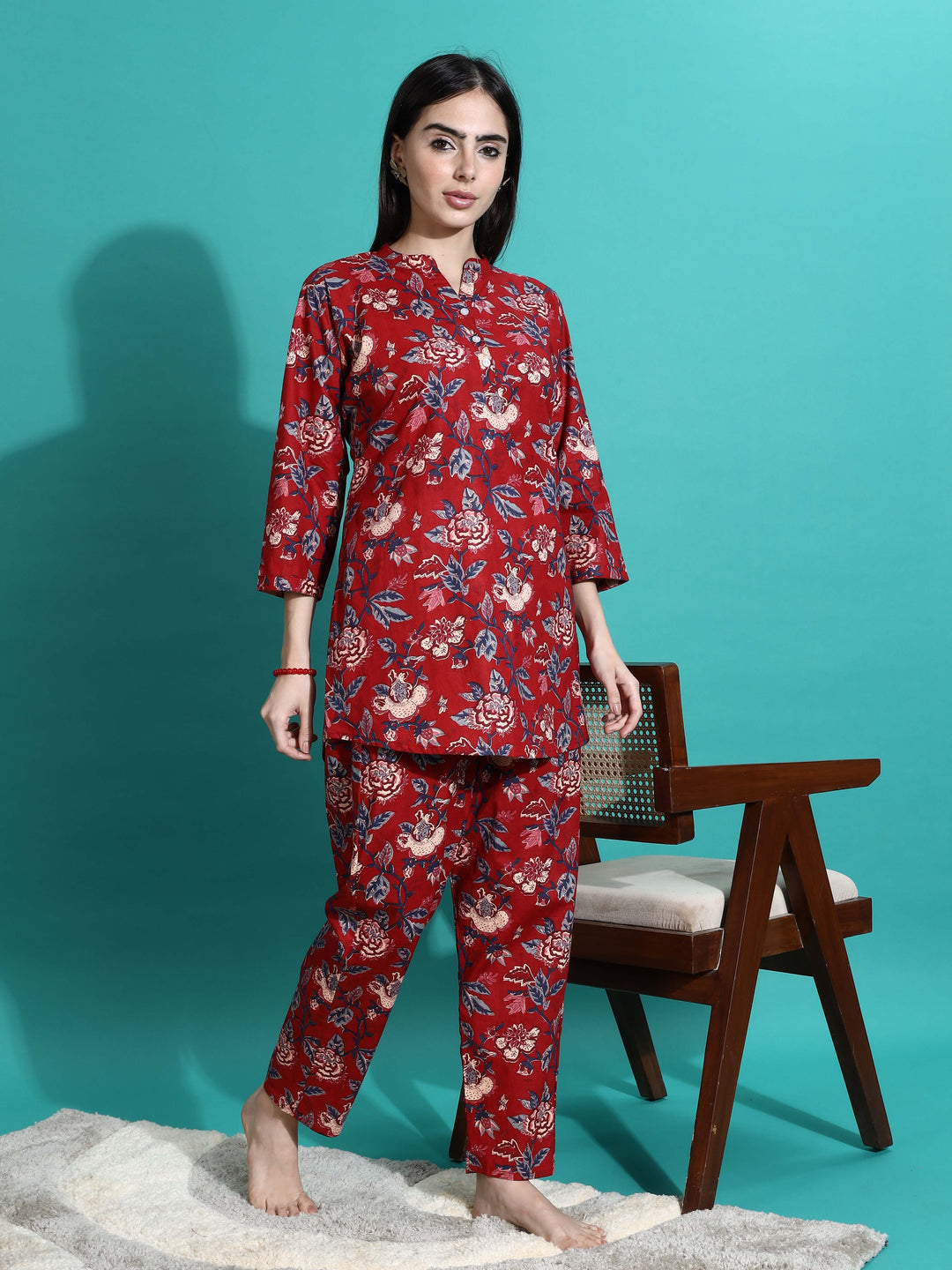 Ruby Red Cotton Floral Pyjama Set for Women