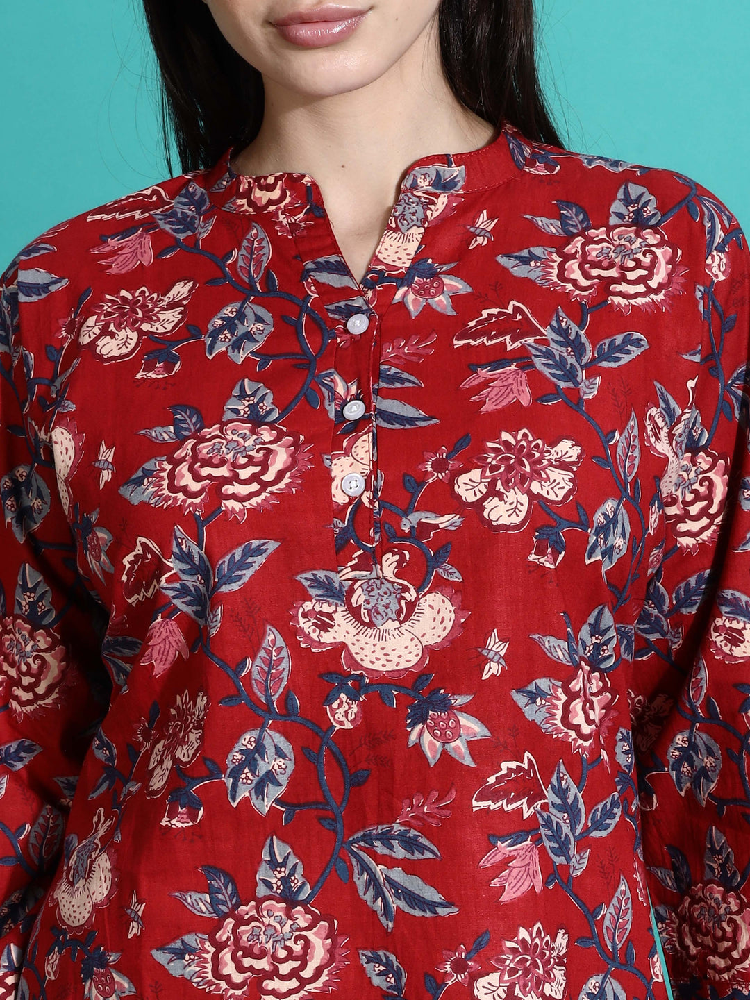 Ruby Red Cotton Floral Pyjama Set for Women