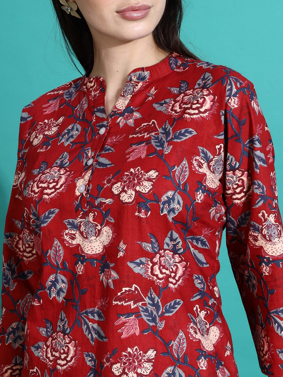 Ruby Red Cotton Floral Pyjama Set for Women