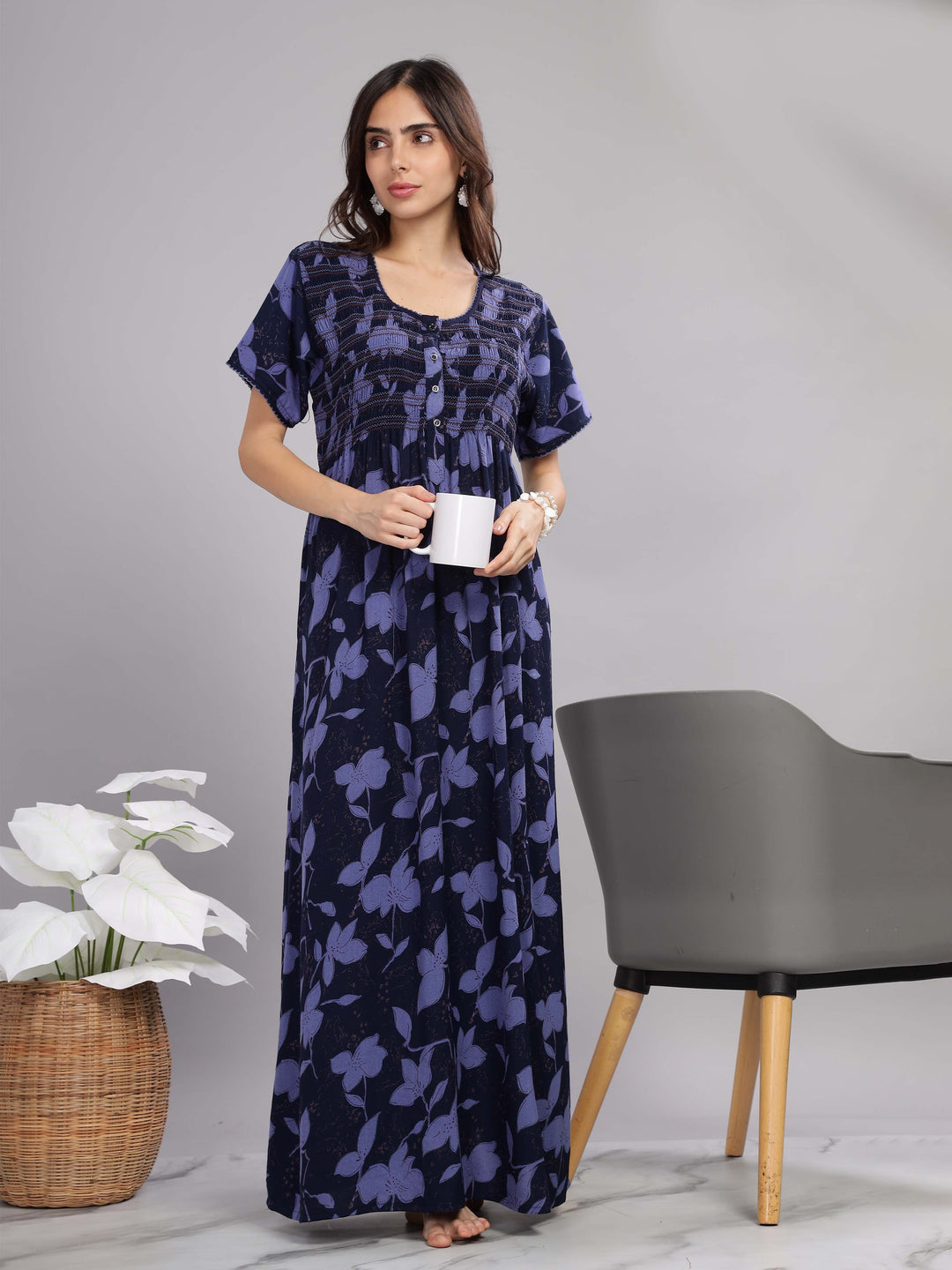 Navy Blue Smoky Designer Maxi Nighty with Pocket for Women