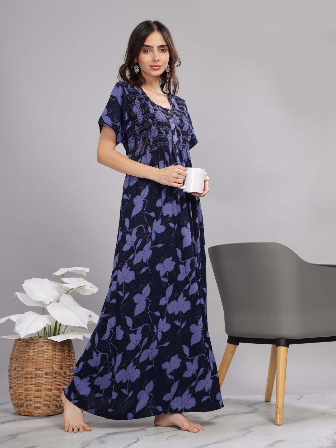 Navy Blue Smoky Designer Maxi Nighty with Pocket for Women