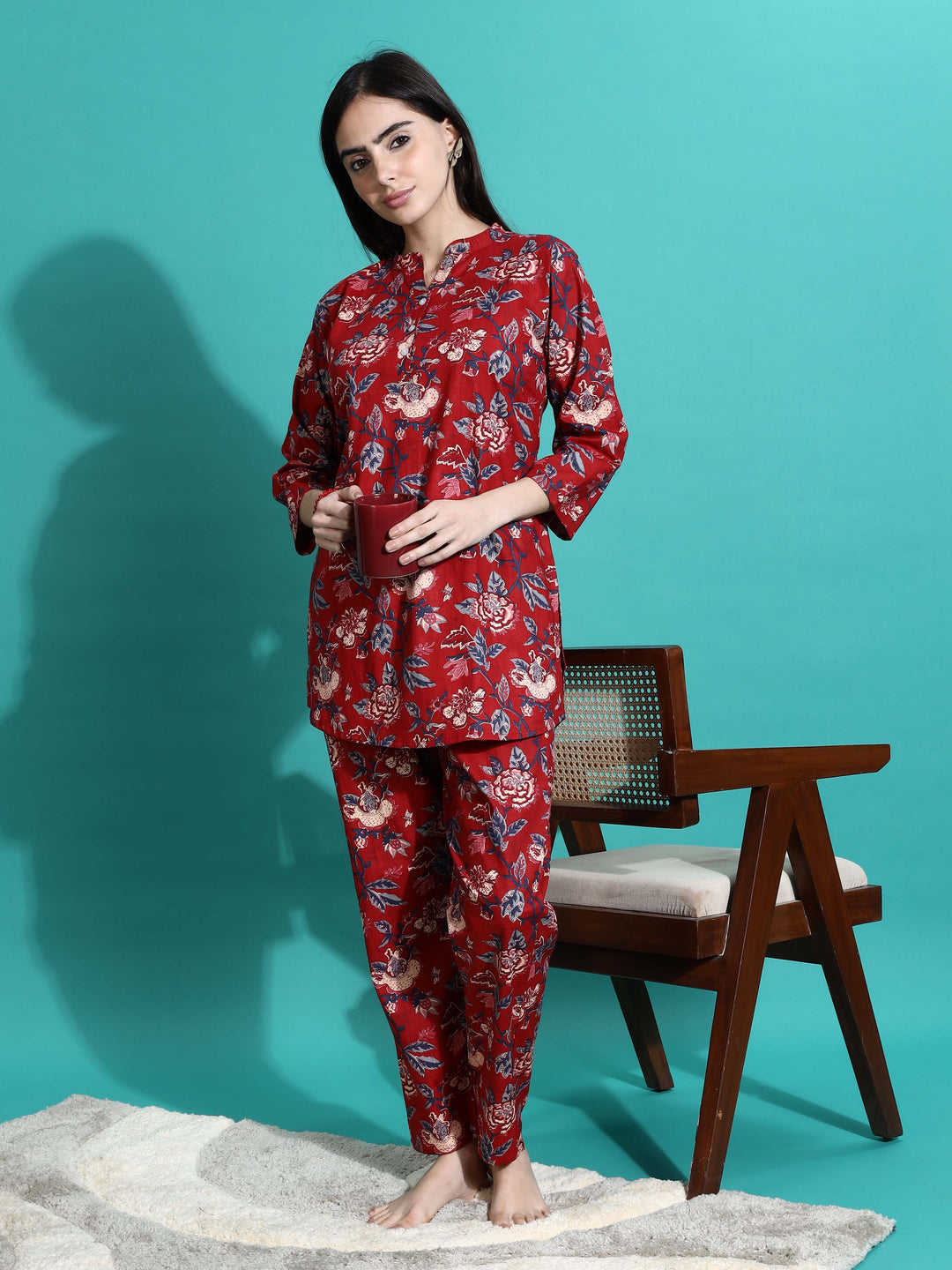 Ruby Red Cotton Floral Pyjama Set for Women