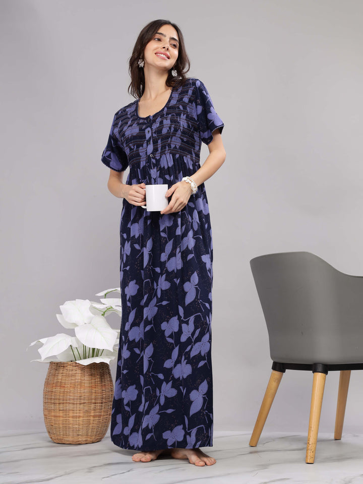 Navy Blue Smoky Designer Maxi Nighty with Pocket for Women