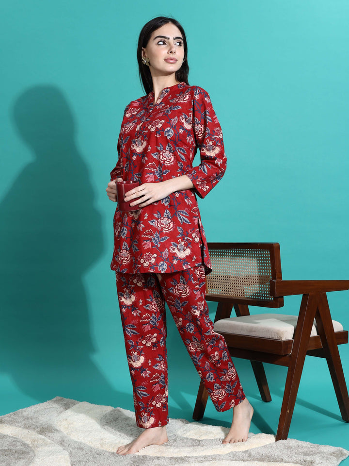 Ruby Red Cotton Floral Pyjama Set for Women