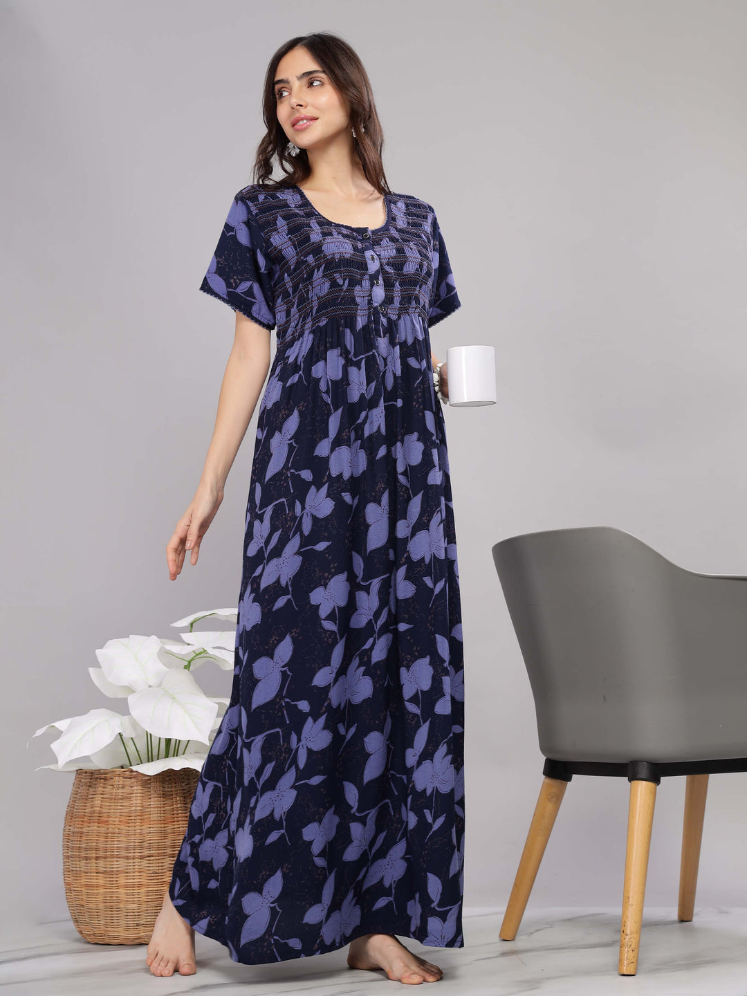 Navy Blue Smoky Designer Maxi Nighty with Pocket for Women