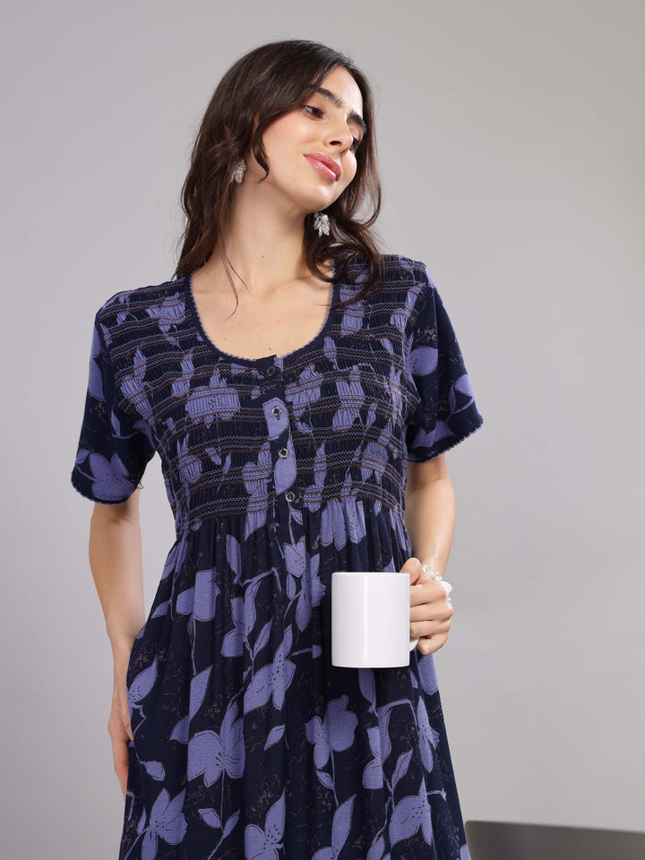 Navy Blue Smoky Designer Maxi Nighty with Pocket for Women